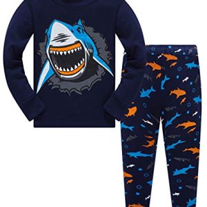 Popshion SchlafanzugSet für Jungen leuchtet im Dunkeln DinosaurierSchlafanzug für Jungen 100 % Baumwolle langärmelig Nachtwäsche 2teiliges Outfit für Kleinkinder 210 Jahre Gr. 910 Jahre hai