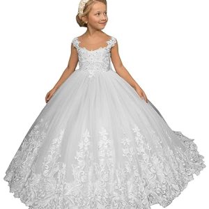 Beyonddress Mädchen Spitze Blumenmädchenkleider für Hochzeits Prinzessin Erstkommunion Ballkleid Kinder Geburtstagskleid(Weiß,10 Jahre)