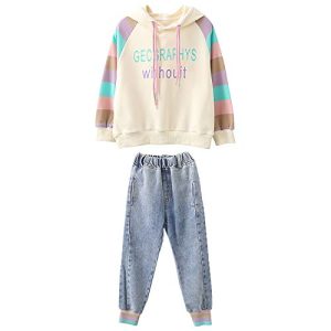 amropi Mädchen Bekleidungsset Hoodie Sweatshirt Jeans Hose Jogginganzug Trainingsanzug Beige Blau,13-14 Jahre