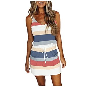 Sommerkleid Damen Kurz - Spaghetti Träger Kleid Damen Sommer -Gestreifte Minikleid Damen Sexy Ärmellos V Ausschnitt Kleider Strandkleid Sommerkleider Teenager Mädchen Trägerkleid Partykleid