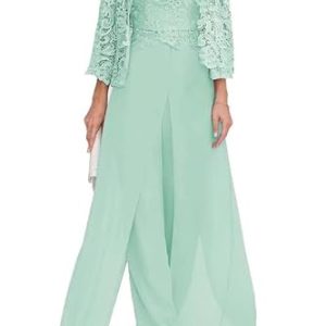 TANPAUL Damen Spitze Brautmutterkleider Abendkleid Oberteile mit Jacke Lang Hosenanzug Minze 50