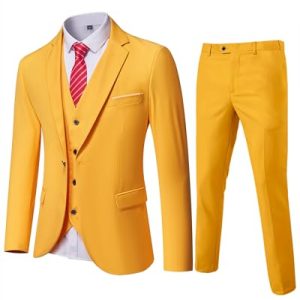 YND Herren Slim Fit 3-teiliger Anzug, Ein-Knopf-Jacke, Weste, Hosen-Set mit Krawatte, gelb, XS