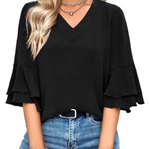 Tanmolo Damen Bluse Elegant V-Ausschnitt 3/4 Ärmel Lässige Blusen mit Rüschenärmel Tunika Tops (Schwarz, XL)