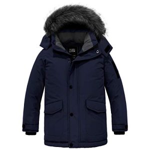 ZSHOW Jungen Winter Warm Mantel Winddichte Pufferjacke Lang Outdoor Parka Gesteppte Verdickte Jacke mit Kunstpelz Kapuze Navy 128-134