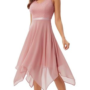 Meetjen Damen Abendlkleid Elegant Spitzen Tanzkleid Damen Ärmellos Hochzeitsgast Midikleid Cocktaikleid Blush 2XL