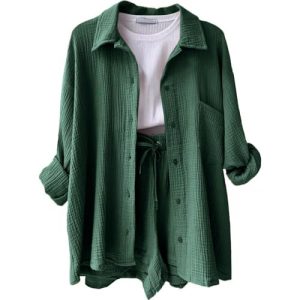 Hip Hop Outfit Mädchen Kurze Hausanzug Workout Set Damen Schlafanzug Damen Kurz Elegant Y2k Zweiteiler Damen Elegant Festlich Summer Clothes Musselin Set Kleidung Teenager Mädchen（3-Dark Green,M)