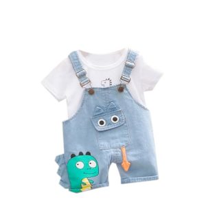 ACMEDE 2tlg Baby Mädchen Kleidung Set 9 Monate-4 Jahre, Baby Jungen Dinosaurier Kurzarm Oberteil T-Shirt + baby Dinosaurier Jeans Latzhose Kurz Gr. 70/74/80/86/92/98/100/104