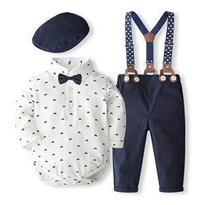 Volunboy Baby Jungen Anzug Set Bekleidung Hemd mit Fliege + Hosenträger Hosen Strampler Anzug(18-24 Monate,Weißes Boot,Größe 90)