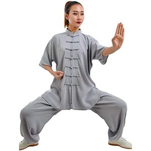G-LIKE Damen Herren Tai Chi Trainingsanzug – Traditionelle Chinesische Kampfkunst Taiji Kung Fu Qi Gong Wing Chun Shaolin Wushu Frühling Sommer Training Unisex Uniform Kurzärmelig Anzug (Grau, S)