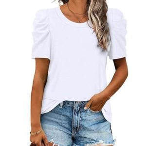 XIEERDUO Top Damen Kurzarm Puffärmel T Shirt Damen Einfarbig Elegant Oberteile Rundhals Ausschnitt Bluse Damen Frühling Sommer Kleidung für Damen 2024 Weiß XL
