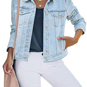 luvamia Damen-Jeansjacke mit Knopfleiste, Stretch, enganliegend, lange Ärmel, Denim-Jacke, Hell, blau, XL