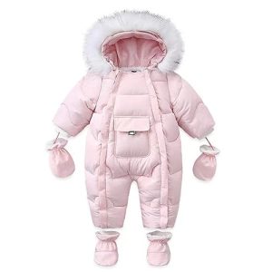 BRONG Baby Jungen Mädchen Winter Schneeanzug Kapuze Jacke Gestiefelt Strampler mit Handschuhen Kleinkind Overall mit abnehmbarem Pelzbesatz Rosa 9-12 Monate