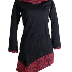 Vishes - Alternative Bekleidung - Asymmetrisches Kleid aus Baumwolle mit Schalkragen schwarz-rot 34 (XS)