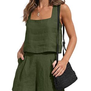 AUTOMET 2-teiliges Outfit für Damen, Sommer, lässig, bauchfrei, Tanktop, kurze Sets, niedlich, ärmellos, quadratischer Ausschnitt, Trainingsanzug mit Taschen, Army Grün, Small