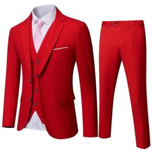 YND Herren-Anzug-Set, schmale Passform, 2 Knöpfe, 3-teilig, einfarbig, Blazer, Jacke, Weste, Hose und Krawatte, Rot/Ausflug, einfarbig (Getaway Solids), XX-Large