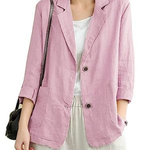 IDEALSANXUN Blazer aus Baumwollleinen für Damen, langärmelig, lockere Freizeit-Blazer, Pink, XL