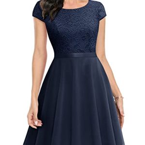 UOTORI Damen Cocktailkleid Kurz Abendkleid Elegant Spitzenkleid Chiffon Rundhalsausschnitt Brautkleid Navy blau L