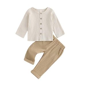 Lerrita Baby Jungen Baumwolle-Leinen Hosenanzug 2 Teiliges Bekleidungssets Für Jungen Leinen Knopfleiste Langarmshirt +Elastische Hossen Baby Jungen Baumwolle Sommer Outfits Weiche Einfarbige Babyset
