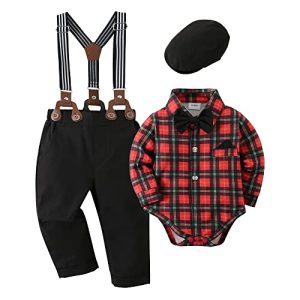 ZOEREA 4tlg Baby Jungen Kleidung Set Taufbekleidung Strampler mit Fliege + Hosenträge Baby Bekleidungssets Gentleman Anzug für Festliche Hochzeit Rot,0-3 Monate