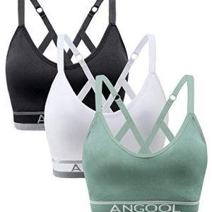 ANGOOL Sport BH Damen Einstellbarer Schultergurt Sport Bustier Damen Gepolstert Starker Halt Nahtlose Joggen Yoga Fitness Bra, 3er Pack, Schwarz + weiß + grün, L