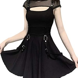 DINGJIUYAN Halloween-Kleid, Gothic, Steampunk, schwarz, Lolita, sexy, schmal, Slip-Kleid, kurze Ärmel, hohle Ösen, Spitze, Ballkleid, Schwarzes Lolita-Kleid, X-Large