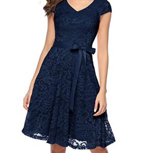 Berylove Damen V-Ausschnitt Kurz Brautjungfer Kleid Cocktail Party Floral Kleid BLP7006NavyS