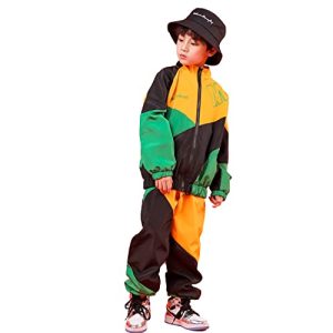 LOLANTA Kinder Hip Hop Kostüm, Teenager Color Blocking Jacken Hose Tanz Kleidungsset(Grün,11-12 Jahre,Tag 160)