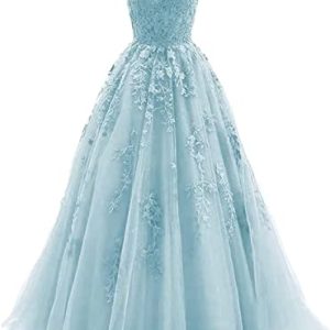 Damen Ballkleid aus Tüll mit Spaghettiträgern Lange Spitzenapplikationen Ballkleider A Linie formelle Party Abendkleider