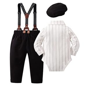 SOLOYEE Baby Jungen Bekleidungssets Taufanzug Strampler mit Fliege + Gentleman HosenträGer Baby Junge Hochzeit Outfit Set 4tlg Weiße Streifen, 6-12 Monate