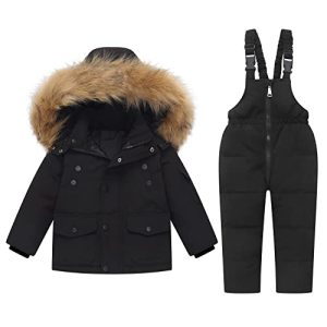 Amissz Schneeanzug Kinder Mädchen Skianzug Set mit Kaputze Daunenjacke + Schneehose 2tlg Winter Verdickte Skijacke Skihose Outfits Leicht Outdoor Bekleidungsset Schwarz, 2-3 Jahre
