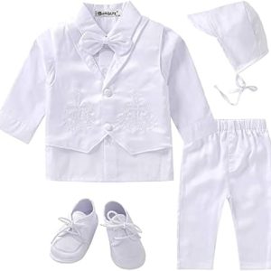 Booulfi Taufanzug Junge Baby Taufkleid Taufanzug Junge Anzug Baby Jungen Bekleidungsset Gentleman Set mit weißen Hemden Weste Hosen Schuhe Kappe, Taufe Geschenk, 9-12M