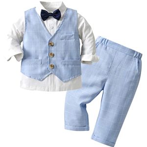 AIEOE 3-Teiliges Baby-Anzughemd + Fliege + Weste + Hose Mit Langen Ärmeln Und Knopf. Geeignet von 6-9 Monaten Blau