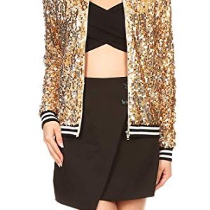 ANNA-KACI Damen Schwarz Silber Pailletten Dünne Rib Rop Langarm Reißverschluss Kurz Bomberjacke Fliegenjacke Bikerjacke Blazer Jacke, Gelb Gold, XXL