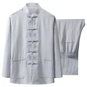 G-LIKE Herren Kungfu Tang Anzug - Traditionelle Chinesische Kampfkunst Taichi Shaolin Wushu Qigong Langärmelig Gestickt Training Freizeit Kleidung Uniform Jacke Hose (Grau, L)