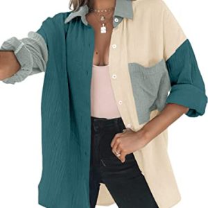 Dokotoo Bluse Damen Musselin Langarmshirt Baumwolle Lässig Oberteile Hemd Langarm Farbblock Shirts Knopfleiste Tops Hemdjacke Grün M