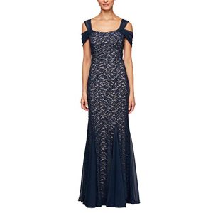 Alex Evenings Damen Long Cold Shoulder Dress (Petite and Regular Sizes) Kleid für besondere Anlässe, Marineblau/Nude Spitze, 42