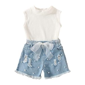 Kleinkind Kinder Baby Mädchen ärmellose Weste T-Shirt Tops Denim zerrissene Jeans Shorts 2er Set Sommer Outfits Kleid Baby Mädchen (White, 2-3 Years)