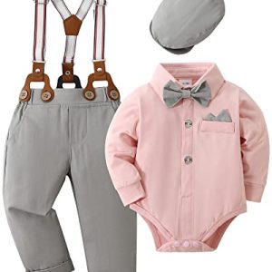 Amissz Baby Jungen Anzug Bekleidungssets, 4tlg Hochzeit Festliche Taufanzug Strampler mit Fliege+ Langarm Hemd + Hosenträger Hosen Rosa, 0-3 Monate