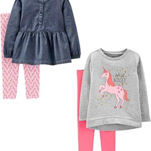 Simple Joys by Carter's Mädchen 4-Piece Long-Sleeve Shirts and Pants Playwear Set Hosenset, Grau Einhorn/Hellrosa/Jeans/Rosa, 3 Jahre