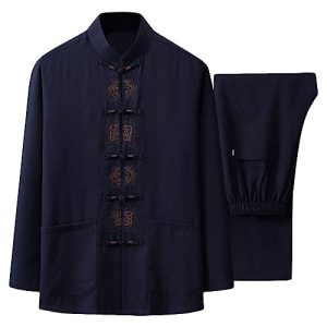 G-LIKE Herren Kungfu Tang Anzug - Traditionelle Chinesische Kampfkunst Taichi Shaolin Wushu Qigong Langärmelig Gestickt Training Freizeit Kleidung Uniform Jacke Hose (Navy, XXL)