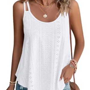 WNEEDU Weiß Damen Tank Top Sommer Spaghetti Cami Oberteile Ärmellose Rundhalsausschnitt Shirt Blusen Tops Weiß L