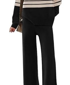 ETCYY NEW Elegante Lounge-Sets für Damen, gestrickt, 2-teiliges Outfit mit Pullover-Oberteilen und weitem Bein, 115 Streifen Schwarz, Medium
