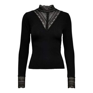 ONLY Damen Spitzen Langarmshirt Oberteil | ONLTILDE Lace Top Shirt | Vintage Design Longsleeve, Farbe:Schwarz, Größe:M