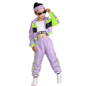 LOLANTA 3-teiliges Hip-Hop-Kleidung Set für Mädchen, StreetDance-Outfit für Kinder, kurzes Trägershirt, Jacke und Joggerhose, Violett, Etikettengröße: 140