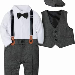 SANMIO Baby Jungen Bekleidung Set, Taufe Junge 3tlg with Fliege + Weste + Hut Gentleman Langarm Anzug Outfit für Festlich Geburtstag Hochzeit, 12-18 Monate(Körpergröße 90), Grau