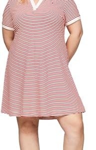 Tommy Hilfiger Damen Polokleid Curve Kurzarm, Mehrfarbig (Breton Fierce Red/Ecru), 50
