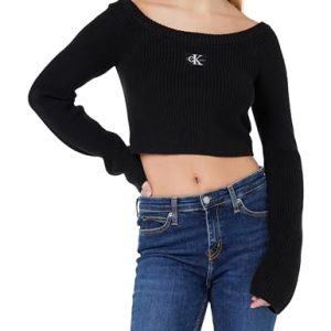 Calvin Klein Jeans Damen Pullover Woven Label Off Shoulder Sweater Cropped, Schwarz (Ck Black), XXXL