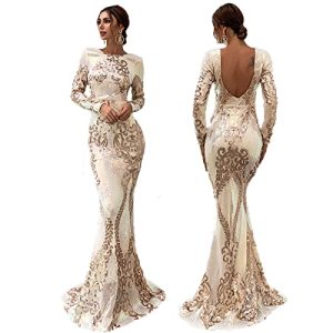 Generic Abendkleid Langarm Pailletten Damen Abendkleider Elegant für Hochzeit Cocktailkleid Ballkleider Rückenfrei Etuikleid Ballkleider Maxilang,White,L(Chest:90cm/35inch)