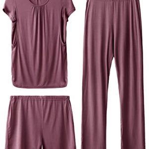 SUNNYBUY Damen Umstandsmode Stillpyjama-Set, Kurzarm-Stillshirts, Schwangerschafts-Shorts und Hosen, 3-teiliges Stillpyjama-Set, Dunkelrot L