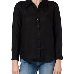 Tommy Hilfiger Damen Bluse Leinen Relaxed Shirt Hemdbluse, Schwarz (Black), 42